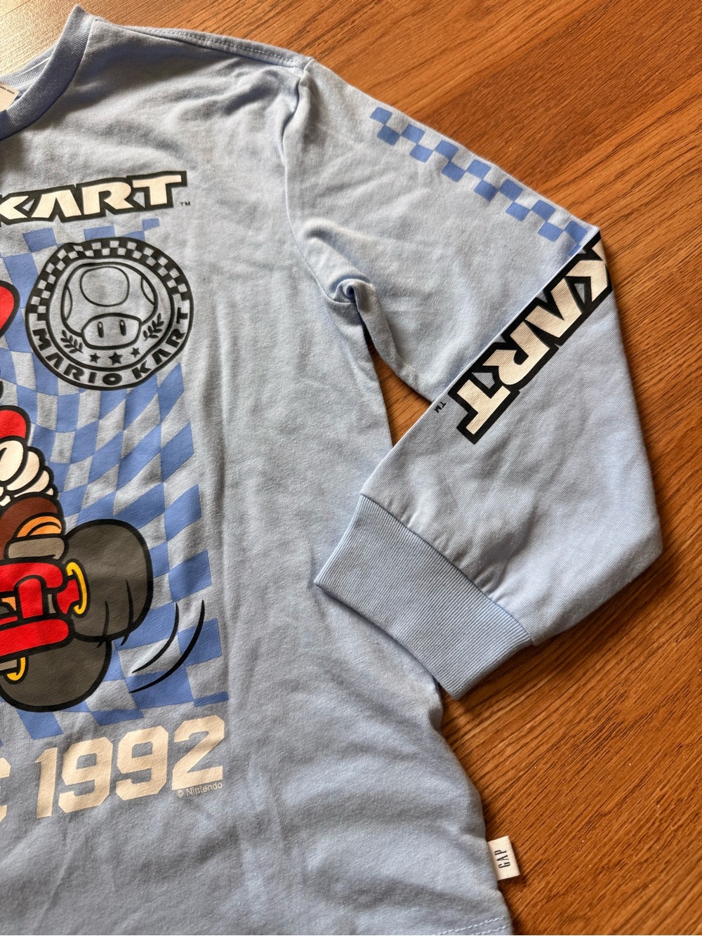 Gap Light Blue Mario Kart Long-Sleeve Tee with Red & Black Graphic - Picture 2 of 6